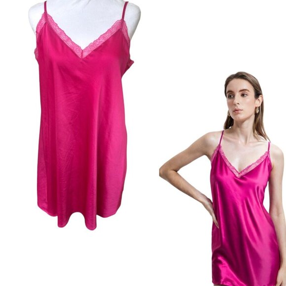 90'S STYLE Y2K AESTHETIC BARBIE PINK LACE TRIM SLIP NIGHTIE DRESS MEDIUM INC - Picture 2 of 5